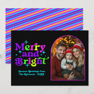 Neon Gloed Moderne Retro Kerstmis Familie Foto Feestdagenkaart