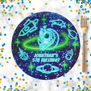 Neon gloeiende blauwe buitenruimte raket schip jon papieren bordje