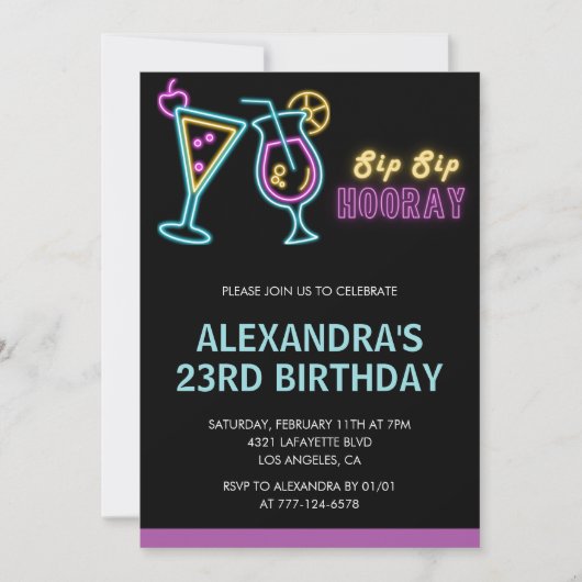 Neon Glow 23rd birthday invitations Cocktail (Devant)