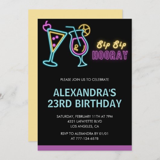 Neon Glow 23rd birthday invitations Cocktail (Devant / Derrière)