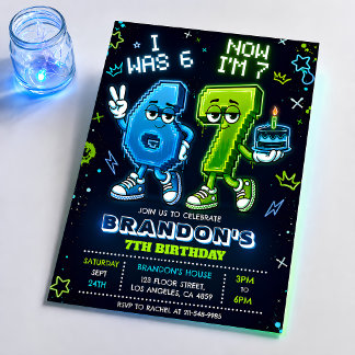 Neon Glow 7e verjaardagsuitnodiging jongen Kaart
