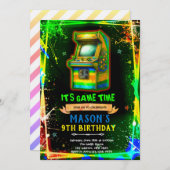 Neon glow arcade birthday invitation (Devant / Derrière)