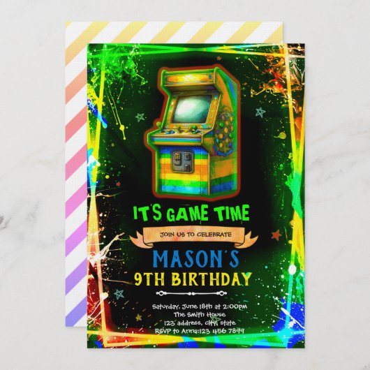 Neon glow arcade birthday invitation (Devant / Derrière)