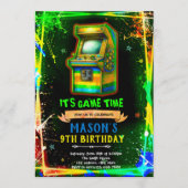 Neon glow arcade birthday invitation (Devant)