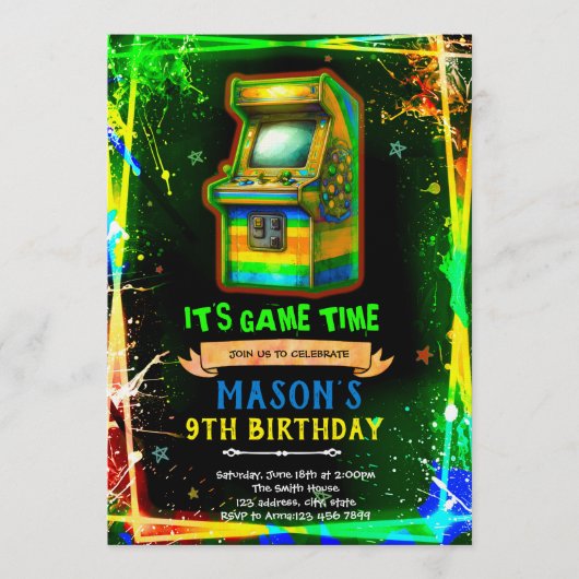 Neon glow arcade birthday invitation (Devant)
