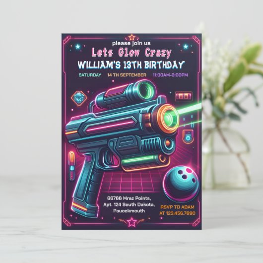 neon Glow arcade pistool Laser Label 13e Verjaarda Kaart (Staand voorkant)