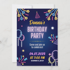 Neon Glow Birthday Party Invitation for Her Kaart