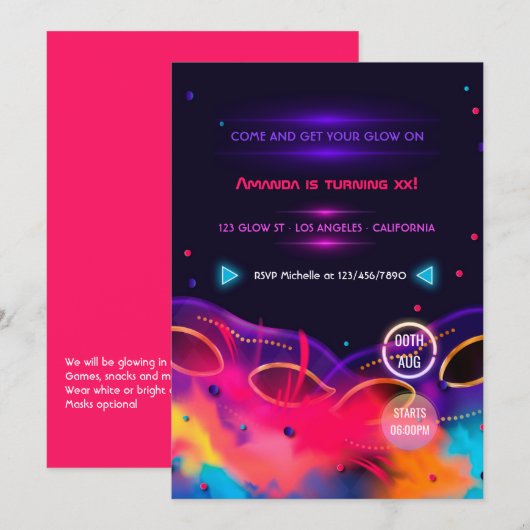 Neon Glow Birthday Party Invitation Kaart (Voorkant / Achterkant)