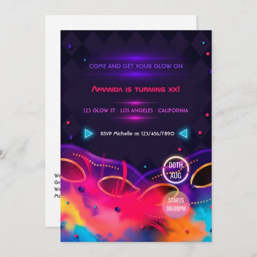 Neon Glow Birthday Party Invitation Kaart (Voorkant / Achterkant)