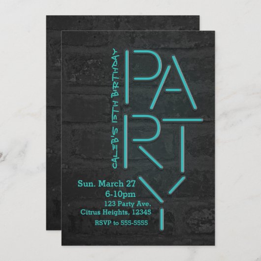 Neon Glow Blue PARTY bakstenen muur stedelijke uit Kaart (Voorkant / Achterkant)
