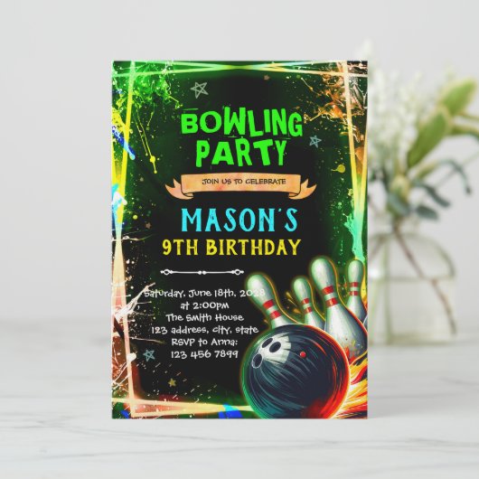 Neon glow bowling boy theme invitation (Debout devant)