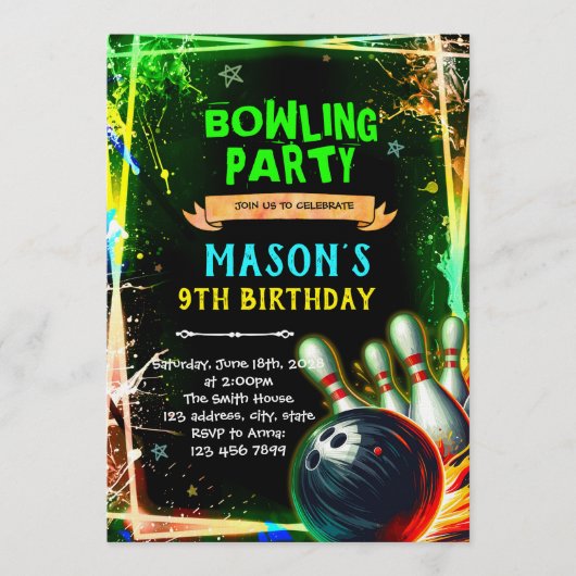 Neon glow bowling boy theme invitation (Devant)
