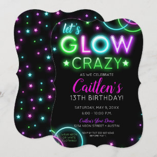 Neon Glow Crazy Girl Party Verjaardag Uitnodiging