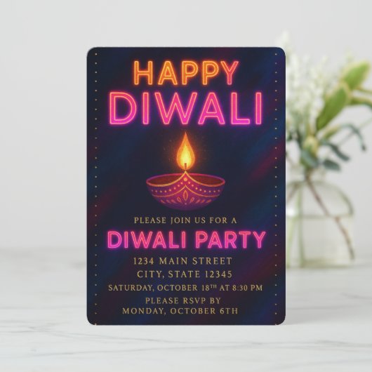Neon Glow Diya met script Happy Diwali Party Kaart (Staand voorkant)