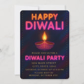 Neon Glow Diya met script Happy Diwali Party Kaart (Voorkant)