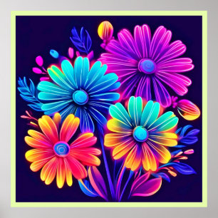 Neon Glow Floral Fantasy Art Poster