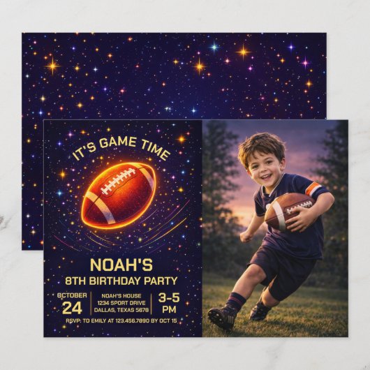 Neon Glow Football Birthday Photo Invitation (Devant / Derrière)