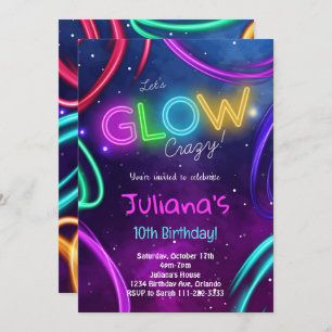 Neon Glow Girls Invitation de fête d'anniversaire