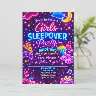 Neon Glow Girls Sleepover Party Night Slumber Kaart