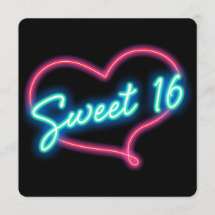 Neon Glow Hart SWEET 16 Verjaardagsfeest Uitnodigi Kaart