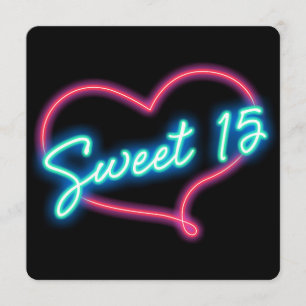 Neon Glow Heart SWEET 15 Verjaardagsfeest Uitnodig Kaart