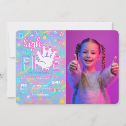 Neon Glow High Five 5th Birthday Party Foto Kaart (Voorkant)