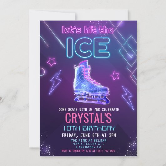 Neon Glow Ice Patinage Anniversaire Invitation (Devant)