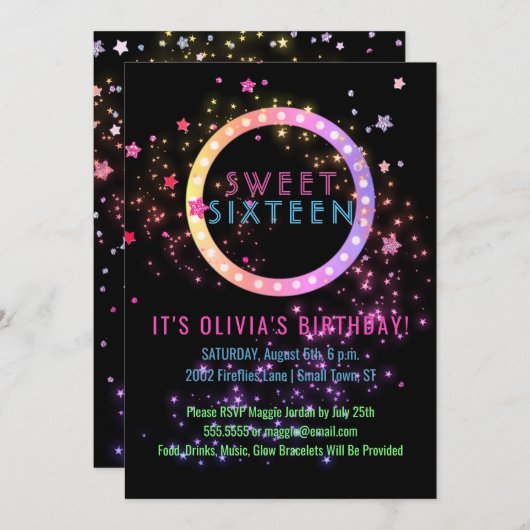 Neon Glow in the Dark Party | Zoet 16 Kaart (Voorkant / Achterkant)