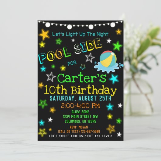 Neon Glow in the Dark Pool Party nodigt uit Kaart (Staand voorkant)