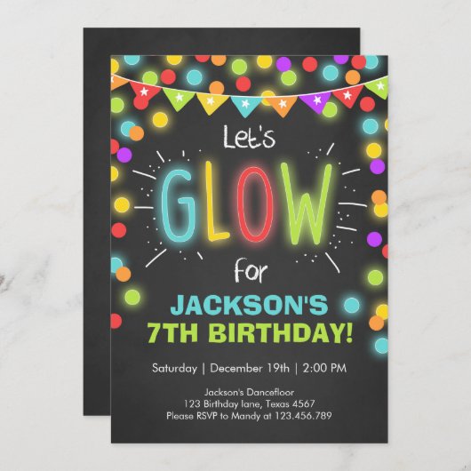 Neon Glow in the Dark Verjaardagsuitnodiging Kaart (Voorkant / Achterkant)