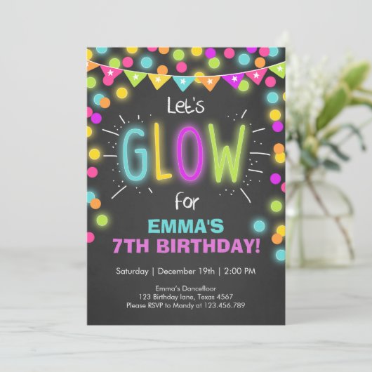Neon Glow in the Dark Verjaardagsuitnodiging Kaart (Staand voorkant)