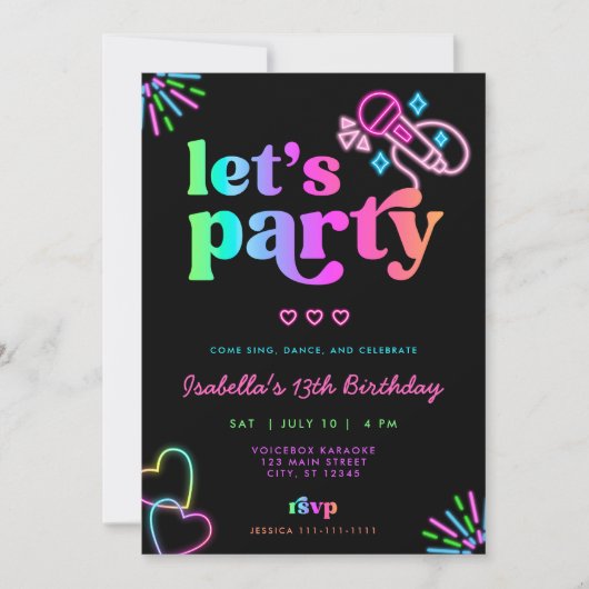 Neon Glow Karaoke Invitation Anniversaire (Devant)
