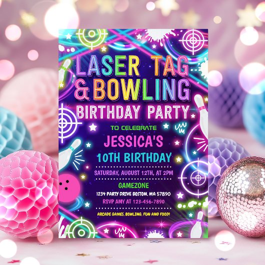 Neon Glow Laser Label en Bowling Verjaardagsfeestj Kaart