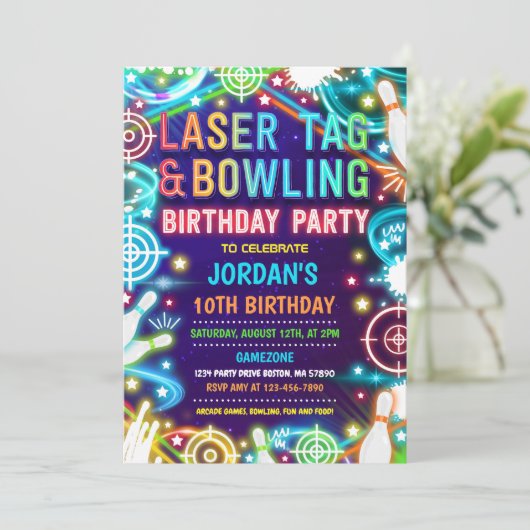 Neon Glow Laser Label en Bowling Verjaardagsfeestj Kaart (Staand voorkant)