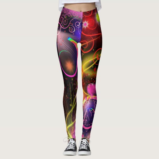 Neon Glow Lightning Stars Swirls Spiral Leggings (Voorkant)