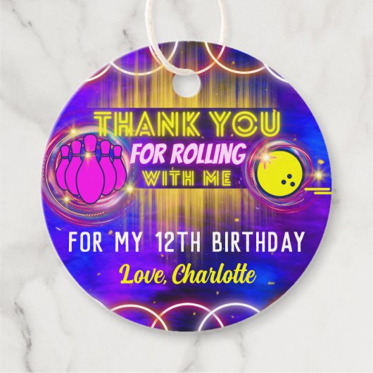 Neon Glow Paarse Bowling Verjaardagsfeestje Dank u Bedankjes Labels (Voorkant)