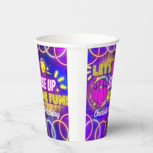 Neon Glow Paarse Meisje Bowling Verjaardagsfeestje Papieren Bekers (Rechts)