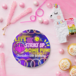 Neon Glow Paarse Meisje Bowling Verjaardagsfeestje Papieren Bordje