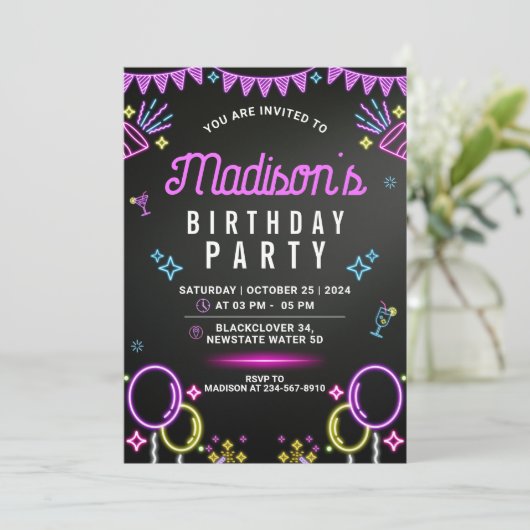 Neon Glow Party bewerkbare uitnodiging voor verjaa (Staand voorkant)