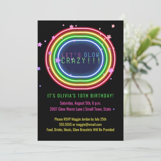 Neon Glow Party | Kinderen verjaardagsfeest sterre Kaart (Staand voorkant)