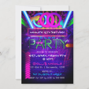 Neon Glow PARTY Verjaardagsclub Evenement Uitnodig Kaart