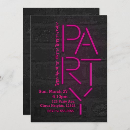 Neon Glow Pink PARTY Brick Wall Urban Invitation Kaart (Voorkant / Achterkant)