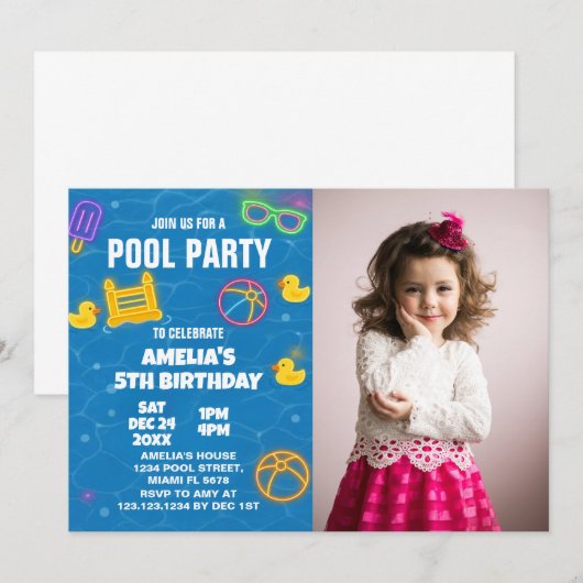 Neon Glow Pool Bash Invitation avec photo (Devant / Derrière)