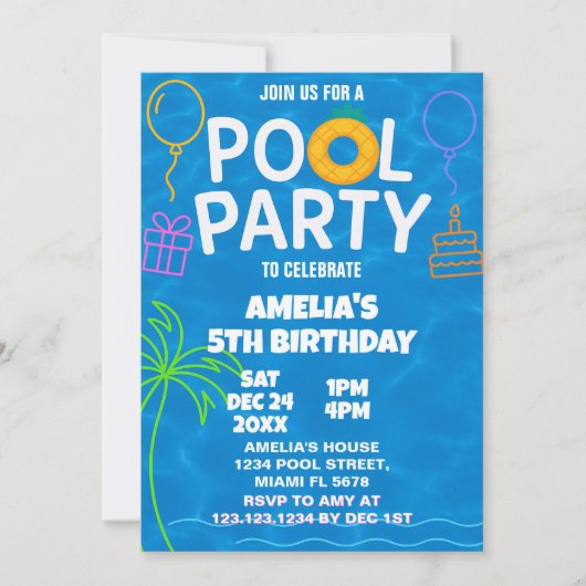 Neon Glow Pool Party Uitnodiging voor verjaardag (Voorkant)