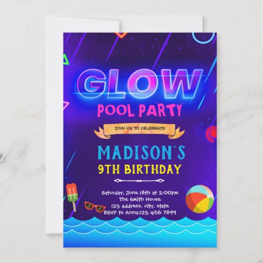 Neon glow pool uitnodiging (Voorkant)