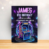 Neon Glow Retro Arcade Gaming Birthday Party Kaart
