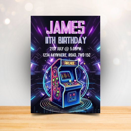 Neon Glow Retro Arcade Gaming Birthday Party Kaart