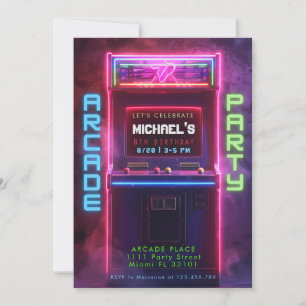 Neon Glow Retro Arcade Gaming Birthday Party Kaart