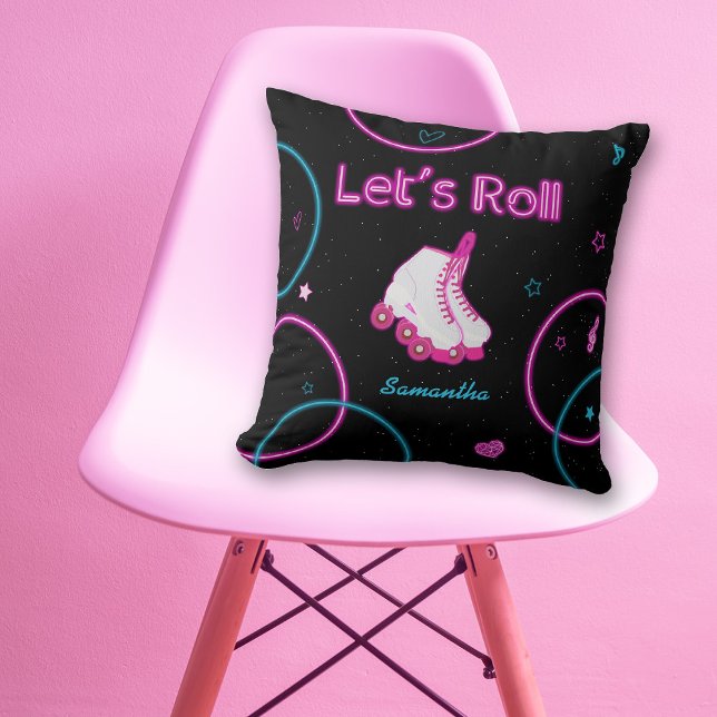 Neon Glow Rolschaatsen Let's Roll Meisje Kussen (Neon Glow Roller Skating Let's Roll Girl Throw Pillow)