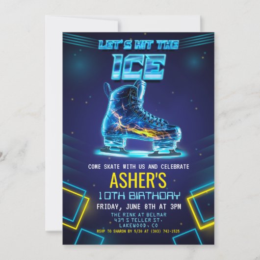 Neon Glow Schaatsen Verjaardag Uitnodiging (Voorkant)